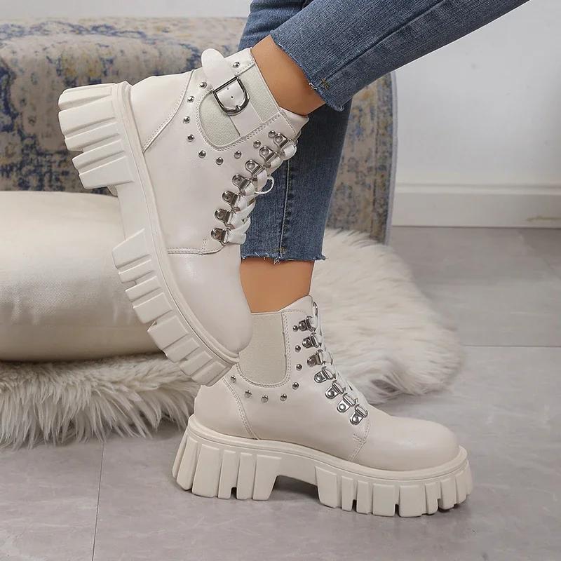 Punk Metal Belt Buckle Lace Up Boots Women 2025 Winter Thick Bottom Medium Heel Ankle Boots Fashion Solid Pu Shoes Size 42