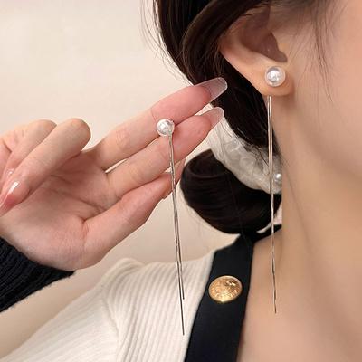 A Pair of Back-hanging French Pearl Earrings with Long Tassel Textured Earrings and Ear Wires