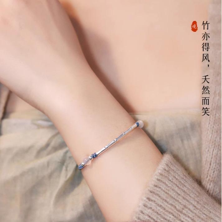 Bamboo Joy evening bracelet for women, woven cord bracelet with pure silver bamboo motifs, new Chinese style, niche birthday gift