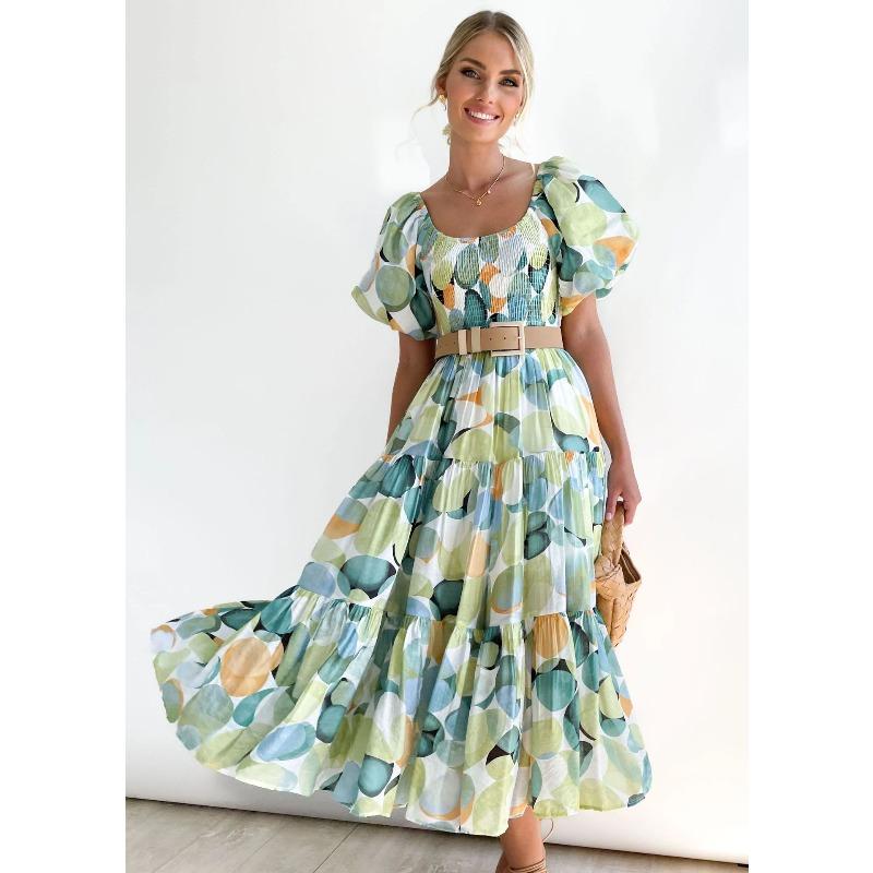 Summer New Bubble Sleeve Holiday Skinny Long Dress Spice Girl High Waist Shoulder Printed Dress Women