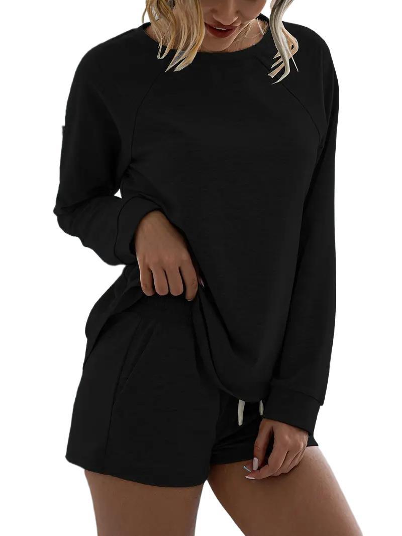 

Women s Light Blue Casual Sportswear Set Loose Long Sleeve Top and Matching Shorts XXL чорний