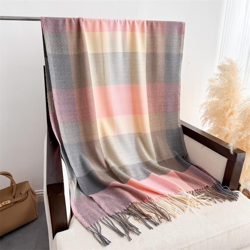 Koreanische Version Kontrastfarbiges Karomuster Langer Herbst- und Winterwarmschal Damenstola Vielseitiger Pendlerschal mit Fransen Imitat Kaschmirschal