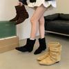 New Korean Version of Cow Anti-velvet Fashion Boots~ Temperament Square Head Pleated Sleeve Thin Heel Medium Heel Short Boots Large Size Women's Boots
