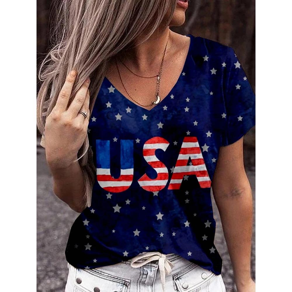 American Flag 3d Print T-shirt Women Fashion V-Neck T-shirts Short Sleeve Tops Tees Loose Casual Tees