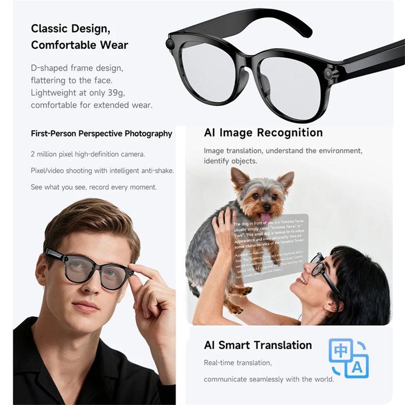 ABUO-Lecteur Audio Vidéo Musique Lunettes Intelligentes Traduction Temps Réel Caméra 2MP Appel Bluetooth Lunettes de Soleil