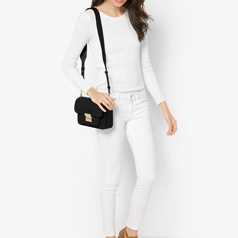 Michael Kors MK Sloan Vintage Flap Commuter Solid Color Gold Buckle Leather Camera Bag Crossbody Shoulder Bag Women Bags Black 30T7GS9L3L-BLACK
