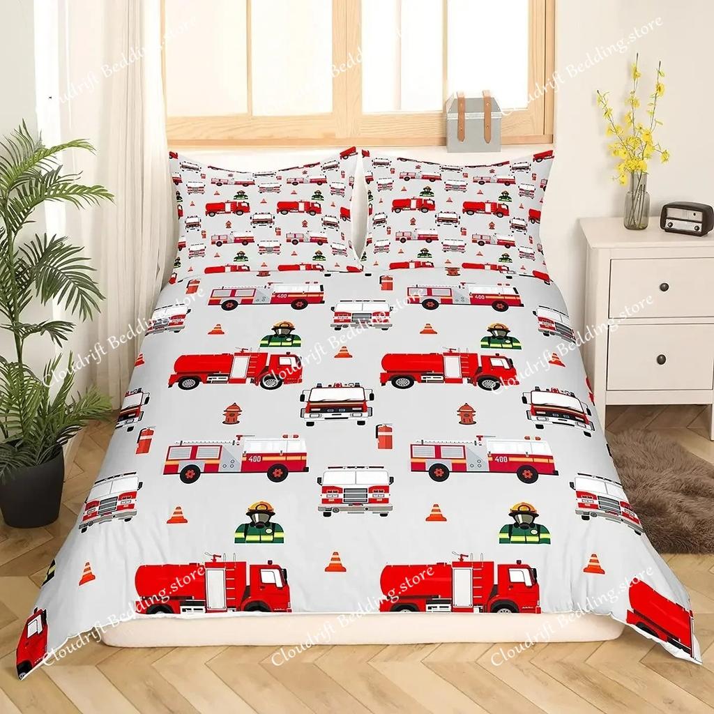 Firefighter Truck Duvet Cover KingQueen Size Red Firemen Car Bedding Set for Kids Boys Girls Fire Engine Polyester Quilt Cover