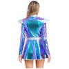 Womens Alien Costume Long Sleeves Front Zip A Line Dress Belt Design Shiny Metallic Outer Space Robot Costume