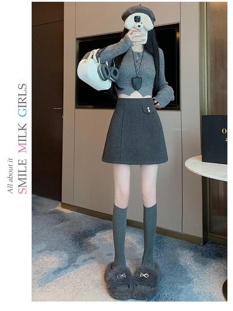 Grauer Wollmischung High-Waist A-Linien Petite Bodycon Rock - Elegante Herbst/Winter 2025 Mode