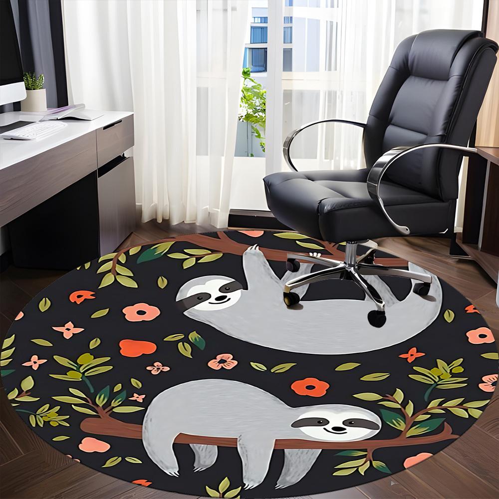 1pc Sloth Floral Office Round Area Rug, Indoor Mat Suitable For Office, Under Office Chairs Bedroom Living Room Home Decor, Room Deco