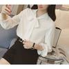 Women's V Neck Long Sleeve Loose Fit Blouse Casual Bow Detail Chiffon Shirt