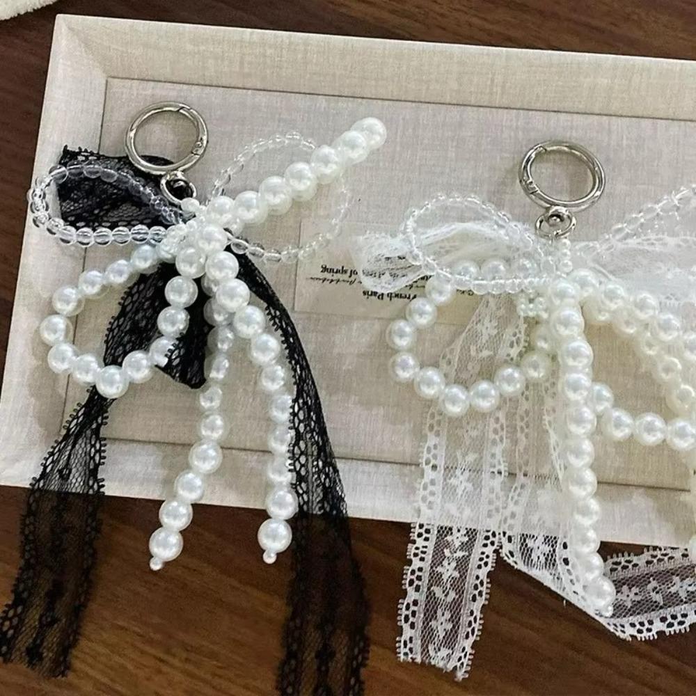 Cute Lace Keychain Bow White/Black Pearl Beaded Pendant Phone Chain Gift
