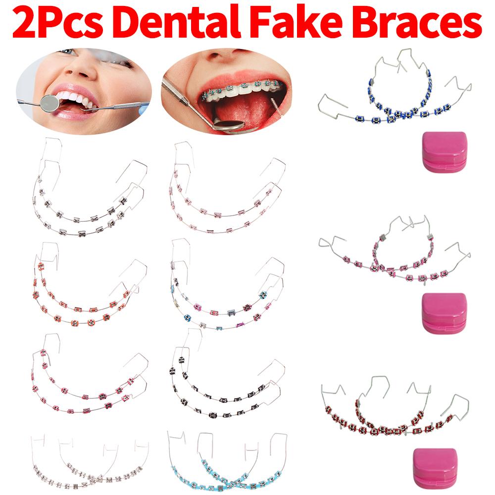 2Pcs Dental Fashion Fake Braces Metal Wires Bracket Temporary Tooth Decoration Orthodontic Ligature Ties for Daily Tooth Protect