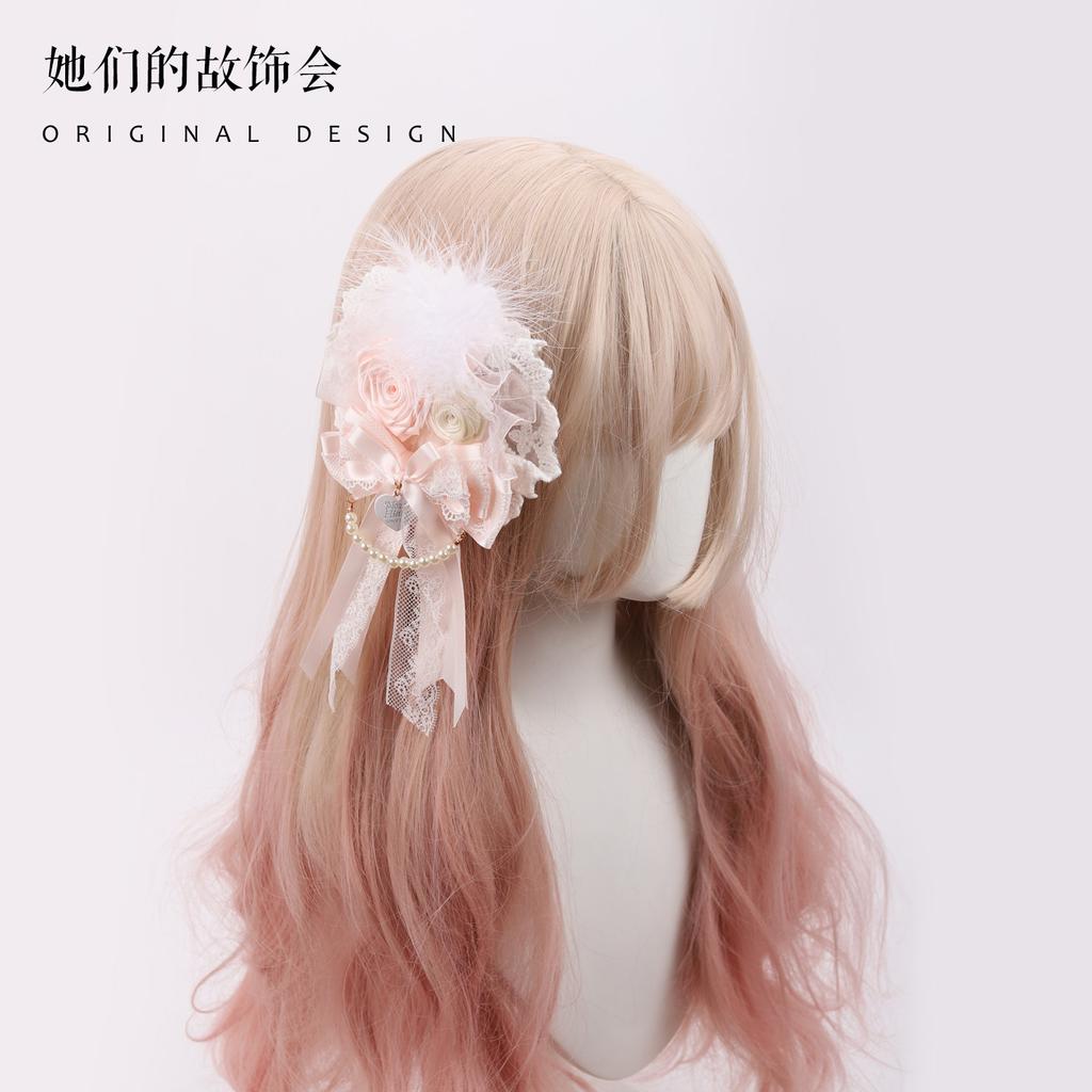 Milk Color Rose Bow Pair KC Lace Headband Handmade Small Things Sweet Lolita Accessories
