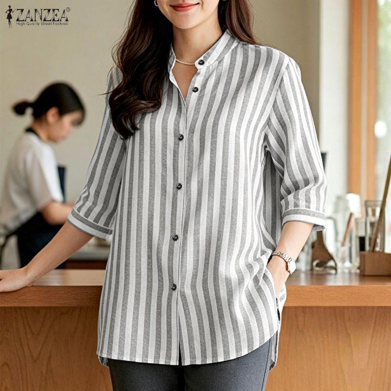 ZANZEA Camicetta a righe con maniche a 3/4 e colletto alto casual da donna