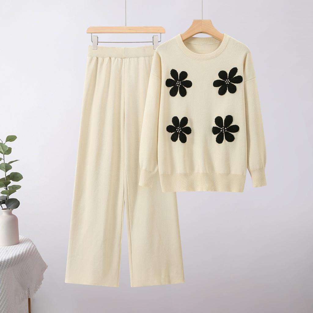Fashion Casual Knitted Suit Pants Loose Sweater Wide Leg Pants Trousers Two-piece Daily Wear