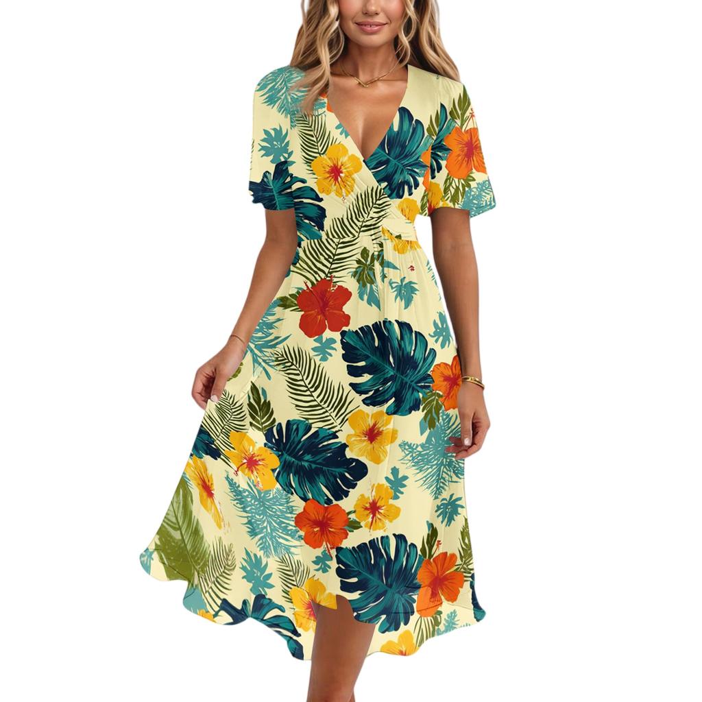 Women's Fashion Casual V Neck Short Sleeve Ruffled Vintage Printed Dresses