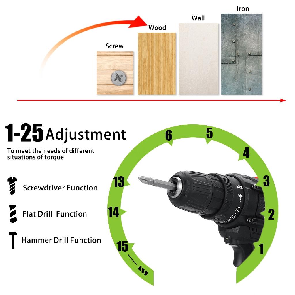 25+1 Torque 2200mAh Electric Cordless Drill With 1 or 2Battery Power Adapter 36V New