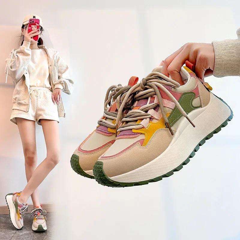 Modne Damskie Sneakersy Platforma Patchwork Casualowe Buty Sportowe Damskie Sznurowane Outdoorowe Buty do Biegania Wulkanizowane Tenis Feminino2025