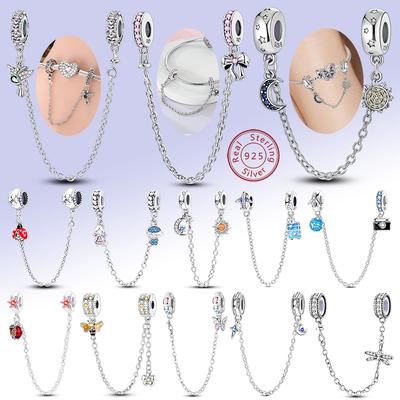 Original Safety Chain Clasp Clip Charm 925 Silver Moon Star Leaf Bow Love Safety Chain Fit Bracelet DIY Woman Jewelry