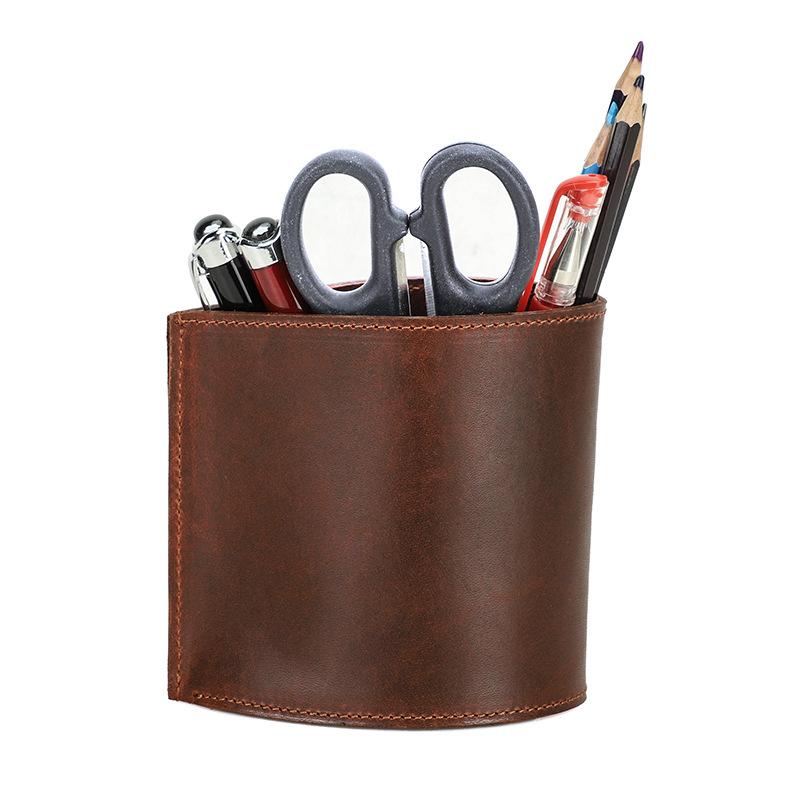 Kreativer runder Stiftehalter aus Leder, handgefertigt, Aufbewahrungsbox für Bürobedarf, Schreibtisch-Federmäppchen-Set