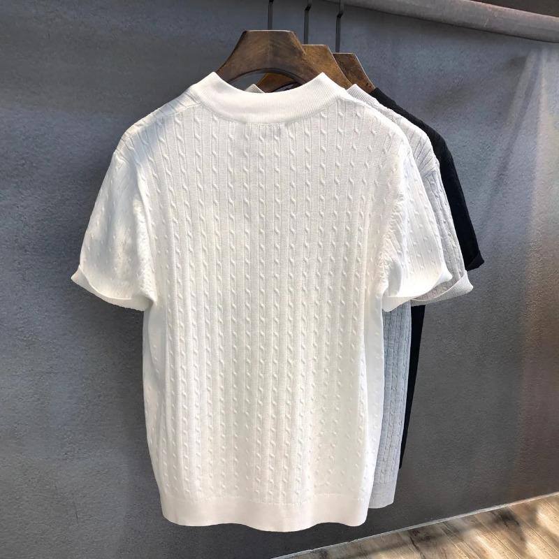 Men's Knitted Manin Collar Polo Shirt Casual Short Sleeve Textured Button Top