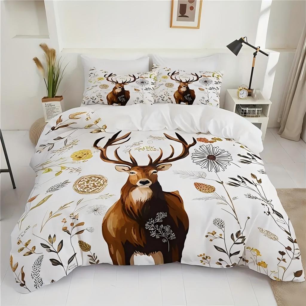 Plants Reindeer Pattern 3D Printed Duvet Cover Soft Comfortable Rustic Style Bedding Set Wildlife Theme Quilt Cover Pillowcases