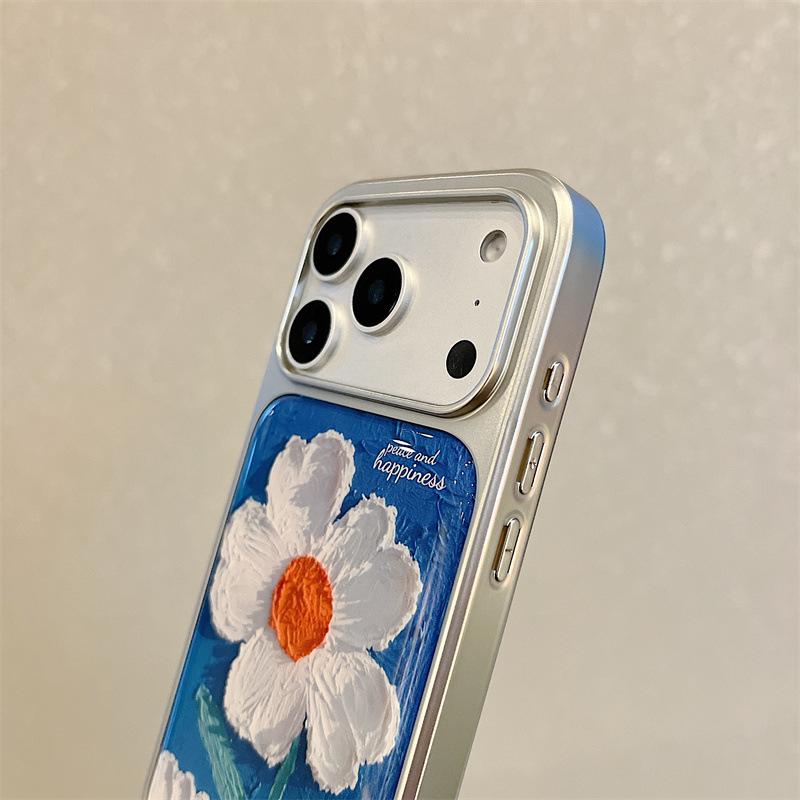 Floral Oil Painting Phone Case for iPhone 17/16 Pro Max/15/14 - Fresh Light Blue Design