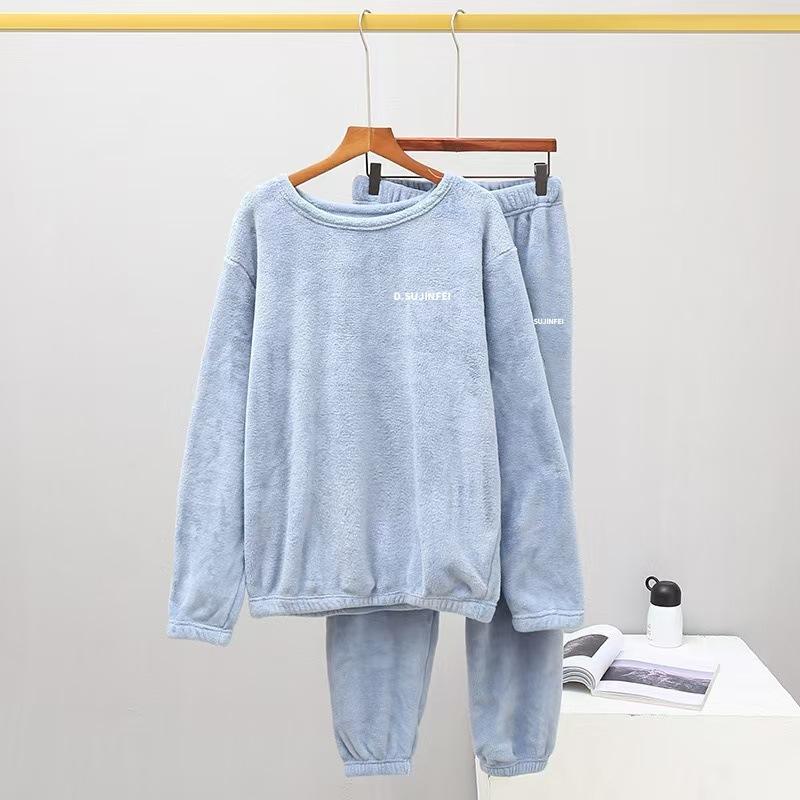 Women's Flannel Warm Home Sleepwear Sets Solid Color Round Neck Fleece Thick Pullover Lady Pajamas Long Sleeve Pants Casual 2Pcs