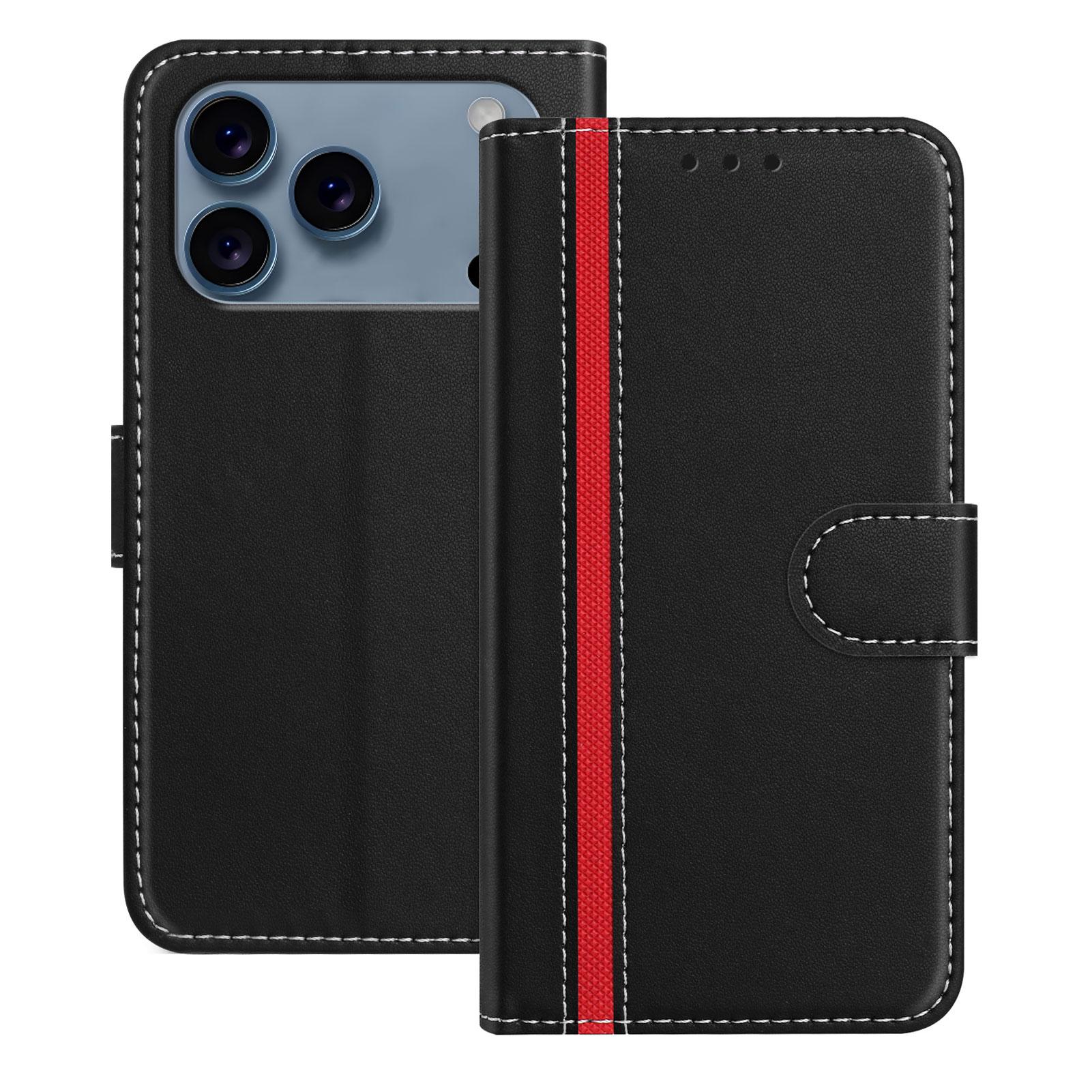 

For iPhone 17 Pro Max Phone Cases Wallet Stand Color Splicing Leather Cover with Magnetic Clasp Black