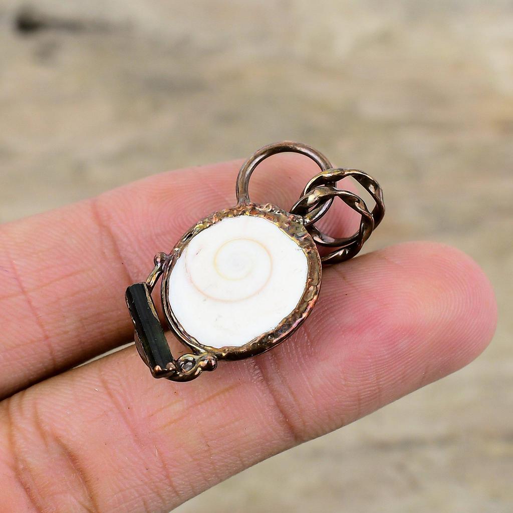 Shiva Eye Shell Pendant Electroformed Copper Pendant Green Tourmaline Rough Pendant Handmade Gemstone Pendant Electroformed Jewelry For Gift