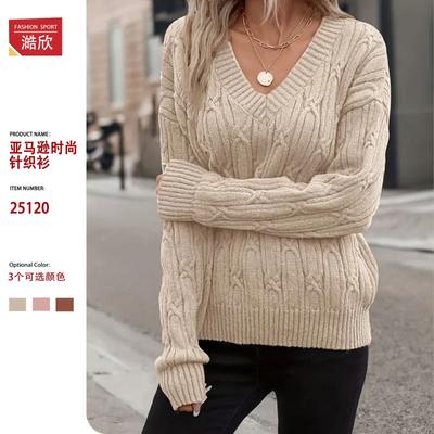 Womens Winter V-Neck Knit Sweater Loose Fit Cable Ribbed Solid Color Casual Chic Top