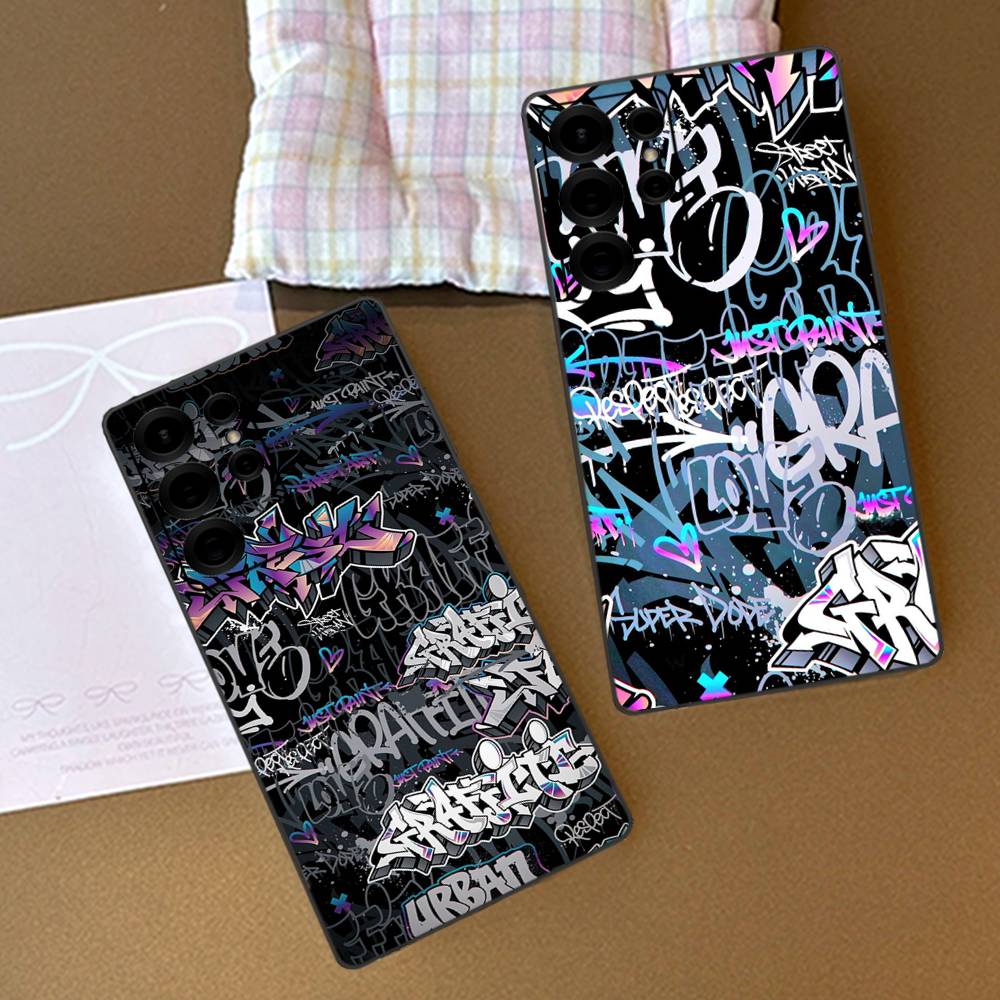 Cool Black Graffiti Phone Case For Samsung S 20 21 22 23 lite plus ultra Clear Mobile Cover Funda