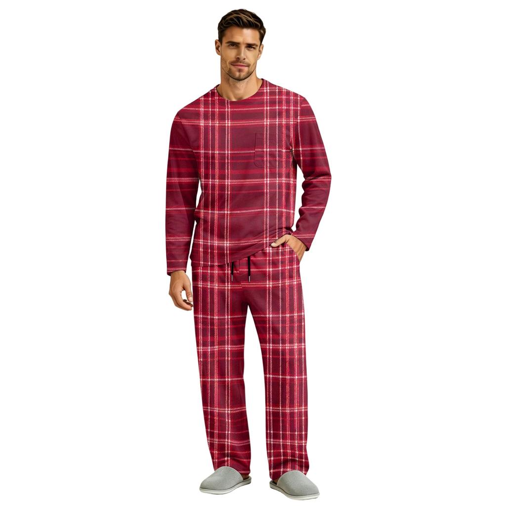 Men's Long Sleeve Pajama Set with Button Crotch and Elastic Drawstring Waist for Home Comfort