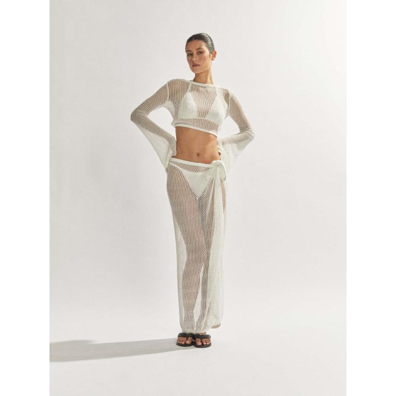 Damen Sexy Anzug Sommer Neu Durchsichtig Kurz Rückenfrei Langärmeliges Oberteil Hoch Offener Schlitz Halbkörper Langer Rock Strickware