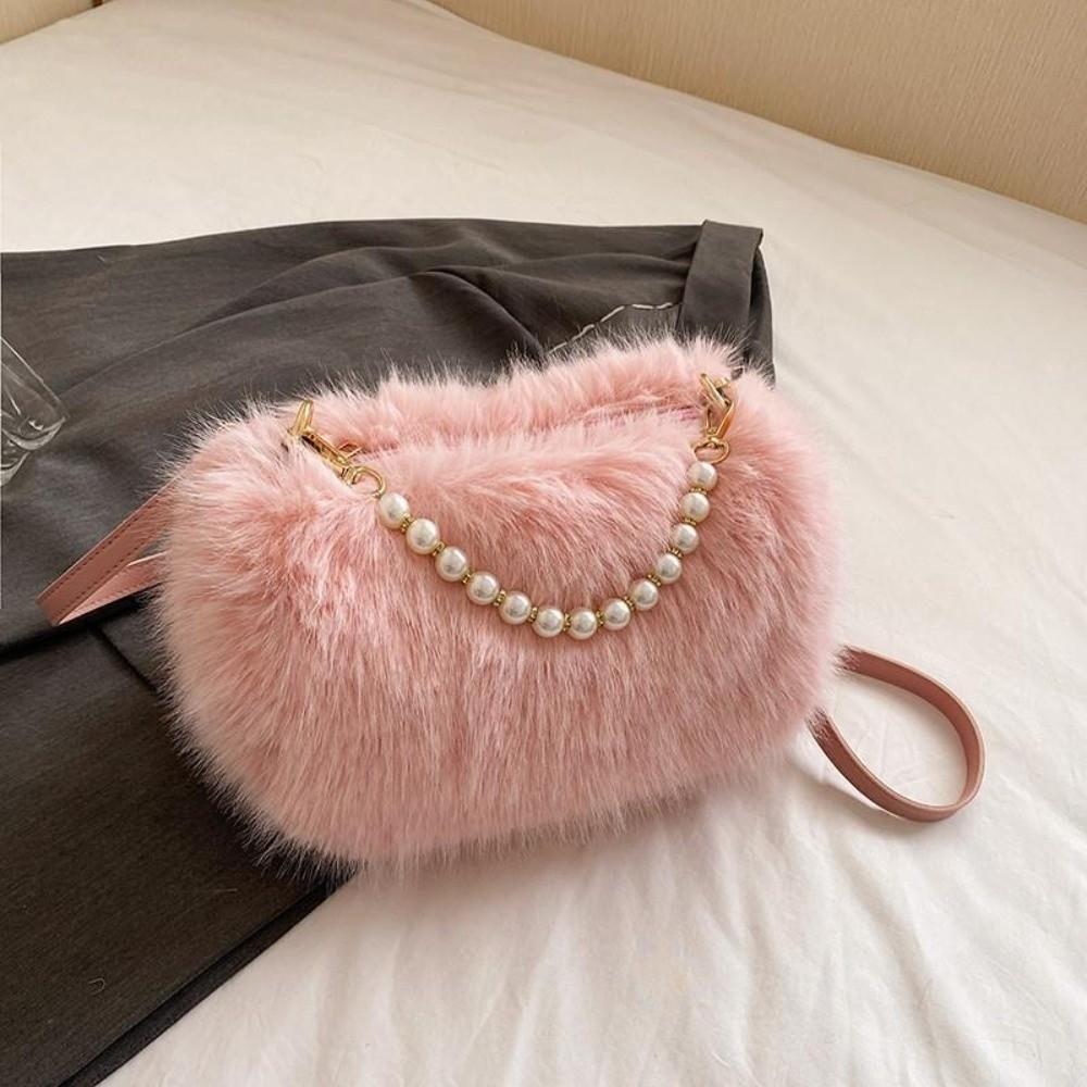 Fashi Faux Fur Shoulder Bag Soft Fluffy Plush Handbag Zipper Solid Color Crossbody Bag
