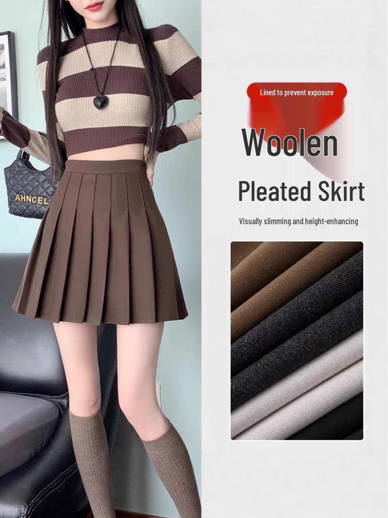 Autumn Winter Thickened Wool Pleated A-Line High Waist Plus Size Short Skirt for Petite Women