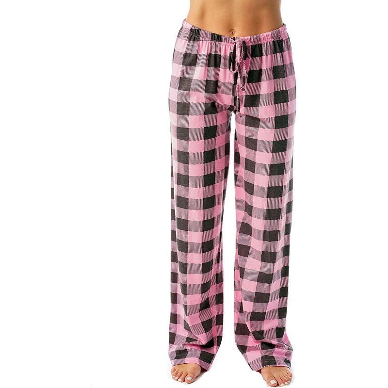 Casual Pants, Elastic Checkered Sleepwear, Loose Drawstring Wide Leg Pants
