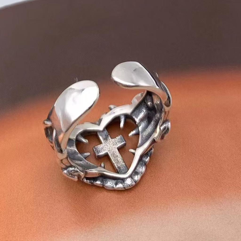 New Abbey Cross Love Ring Gothic Style Retro Niche Dyed Black European and American Style Ring
