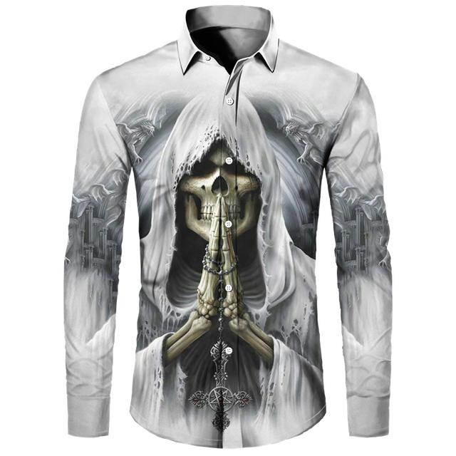 

Готические мужские рубашки с длинными рукавами и 3D принтом черепа, повседневные однобортные винтажные топы с лацканами, индивидуальная хип-поп уличная одежда XXL