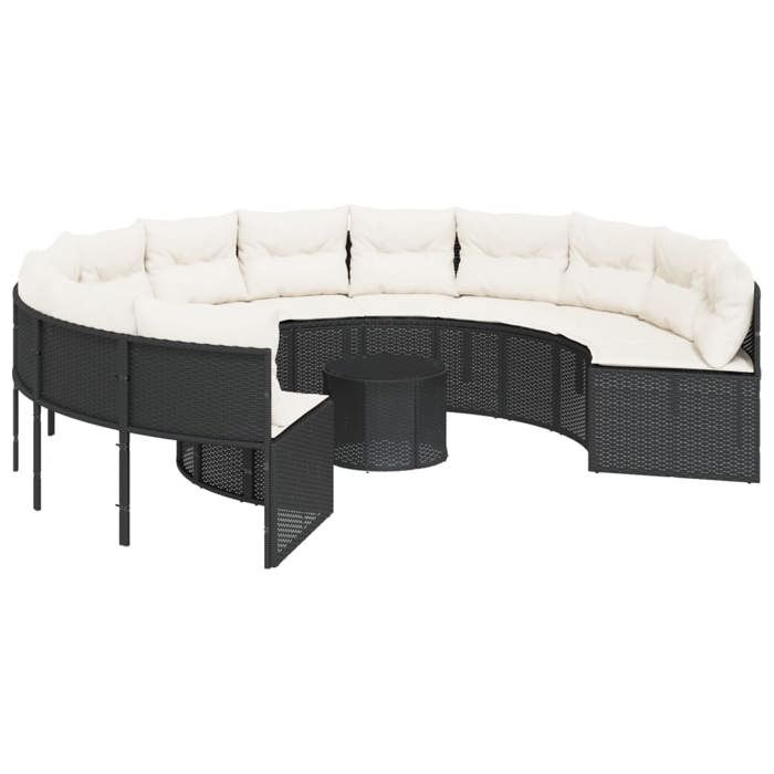 VidaXL Canapé de jardin avec table coussins rond noir résine tressée, canapé d’extérieur, canapé de forme ronde, canapé de 3318544