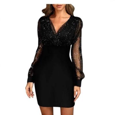 Spring Women's Mesh Splicing Hollow V-neck Long-sleeved Dress