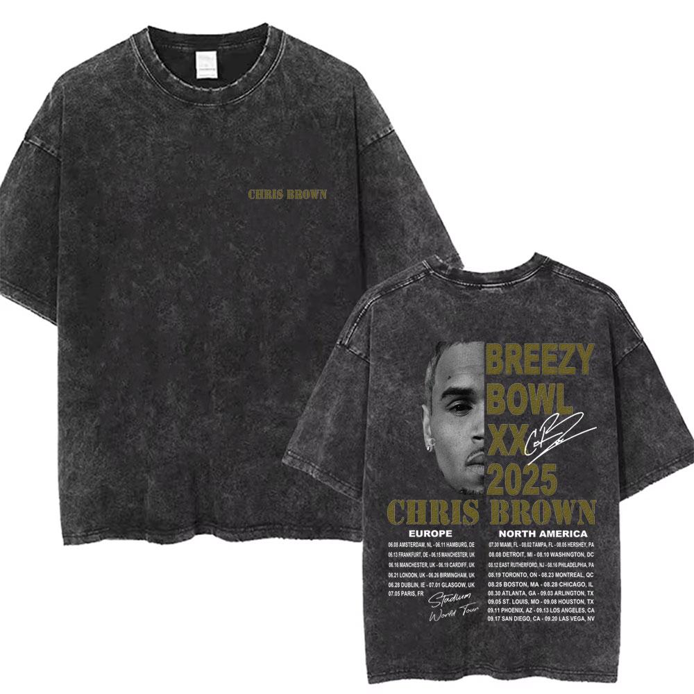 Retro gewaschen Chris Brown Breezy Bowl XX Tour Grafik T-Shirts Herren Hip Hop Mode Freizeit-T-Shirts Unisex Sommer Baumwoll-T-Shirts