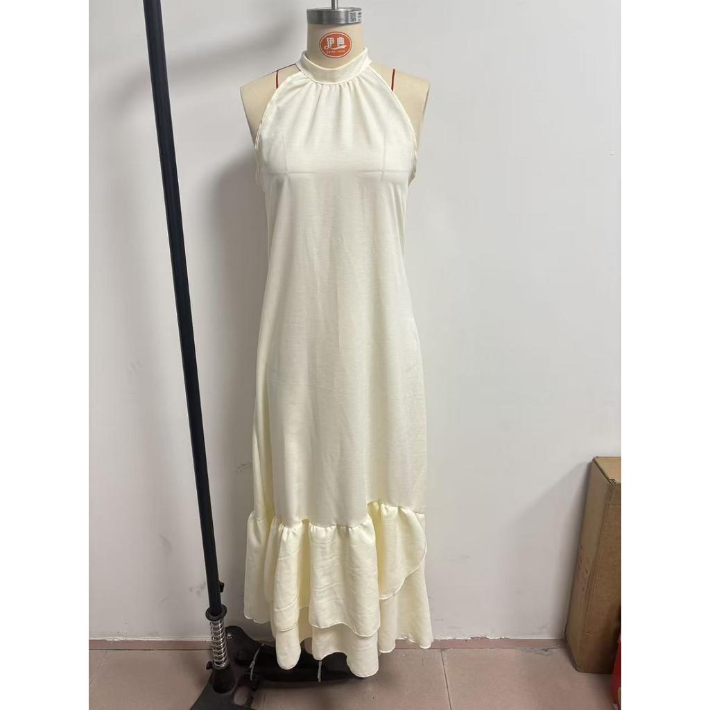 Sommer Baumwolle Leinen Neckholder Kleid, Ärmellos Unregelmäßiger Rüschen Meerjungfrauen Saum Maxikleid für Europäische Amerikanische Ferien