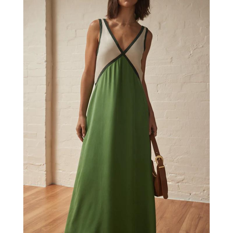 Women's Summer Color Block V Neck Sleeveless Tank Maxi Dress Loose Casual Vacation Beach Long Dress for Women