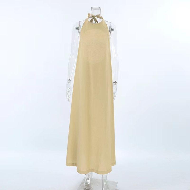 

Western Style Summer Sexy Hanging Neck Backless Dress Loose Vacation Long dress Sexy Backless Dress Khaki L