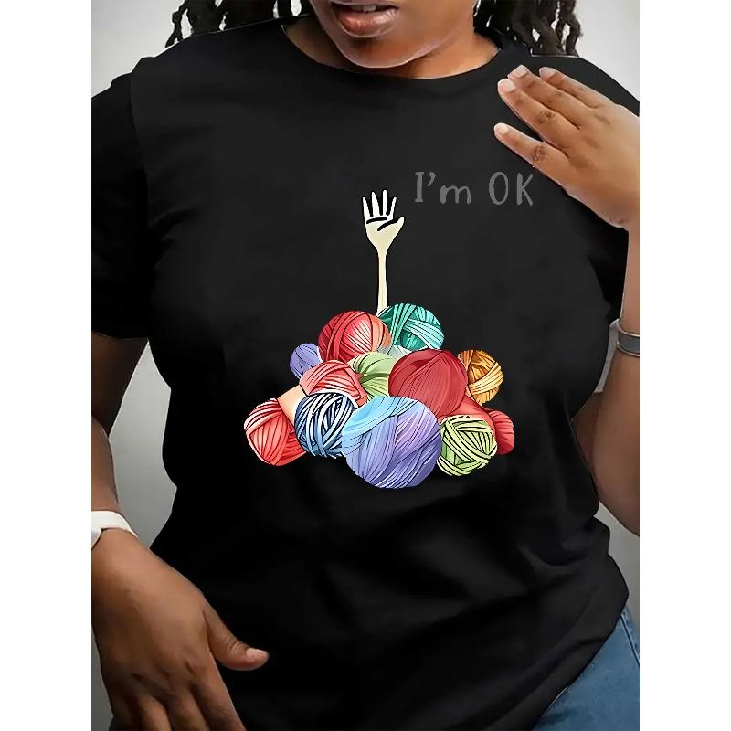 European Sizes Casual Crew Neck T-Shirt with Yarn Ball & Hand Graphic - Polyester & Spandex Blend Knit Fabric, Geometric Pattern Print