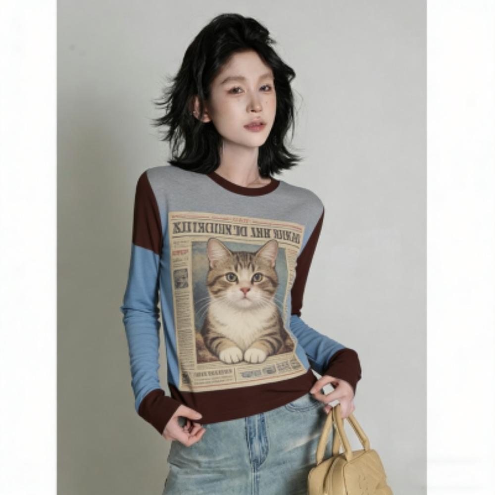 Europe America Fashion Cat Print Women's T-shirt Casual Pullover Women Long Sleeve Clothing Outdoor Street Tees Top