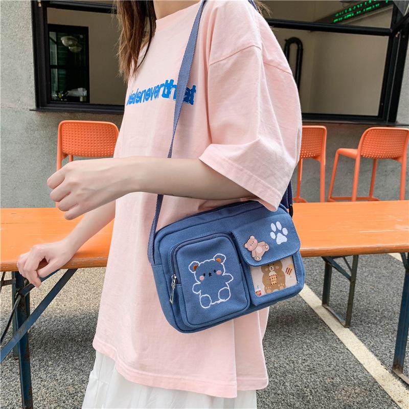 Fashion Canvas Small Bag Japanese Ins Women Shoulder Bag Cute Funny Personality Embroidery Bear Teenager Girl Student Transparent Messenger Bag