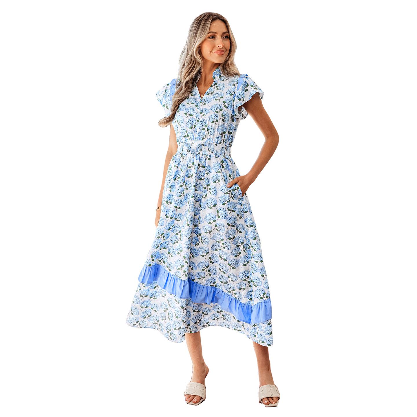 2026 Summer Women s V-Neck Floral Print Ruffle Dress Size-XL